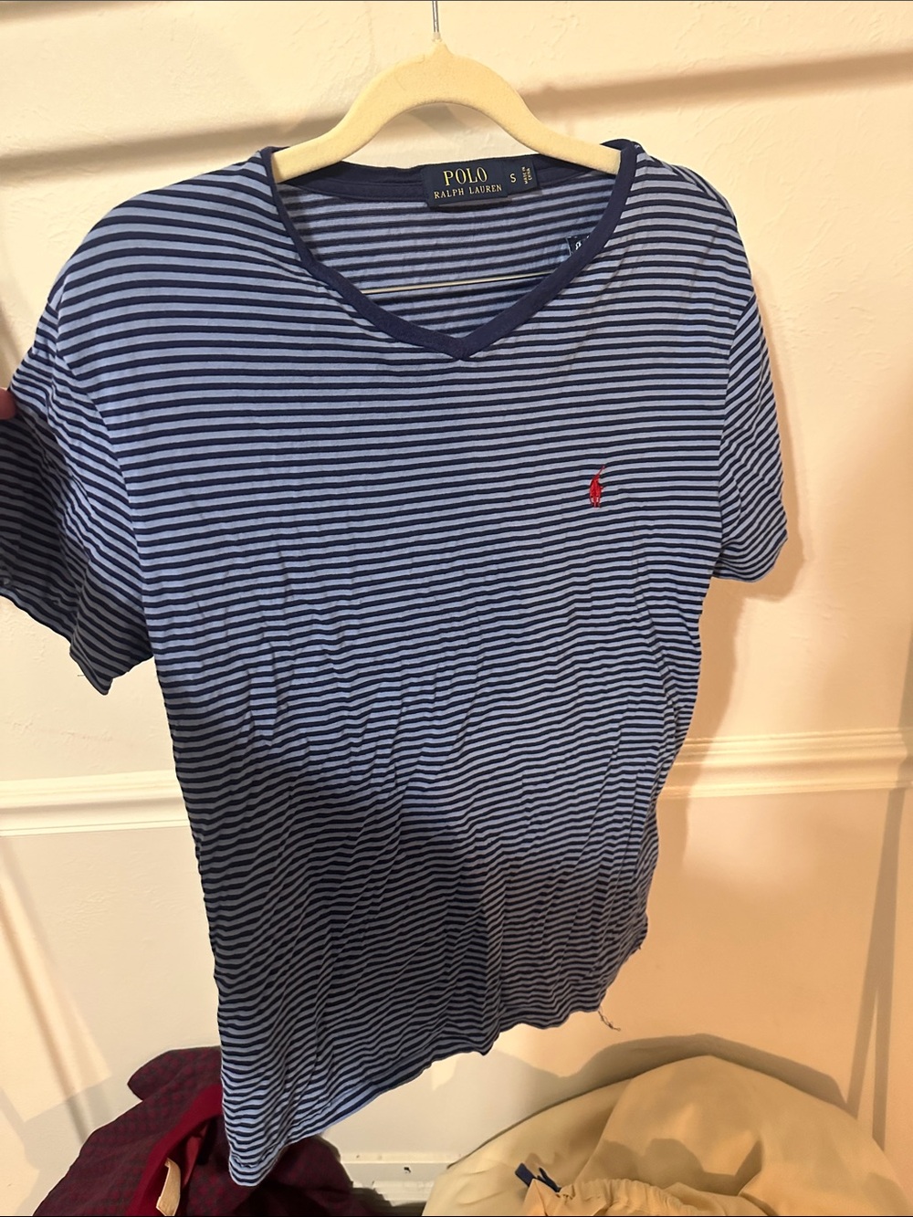 Polo by Ralph Lauren Navy & Light Blue Striped V-Neck Tee with Red Pony